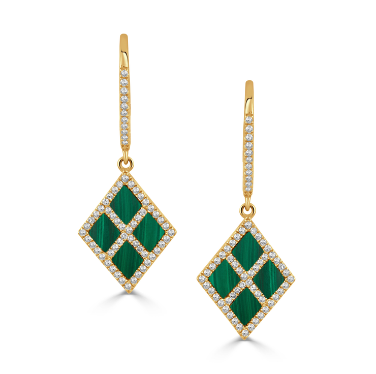 Diamond Shape Malachite Drop Earrings with Diamond Accent in 14KY - Jackson Hole Jewelry Company