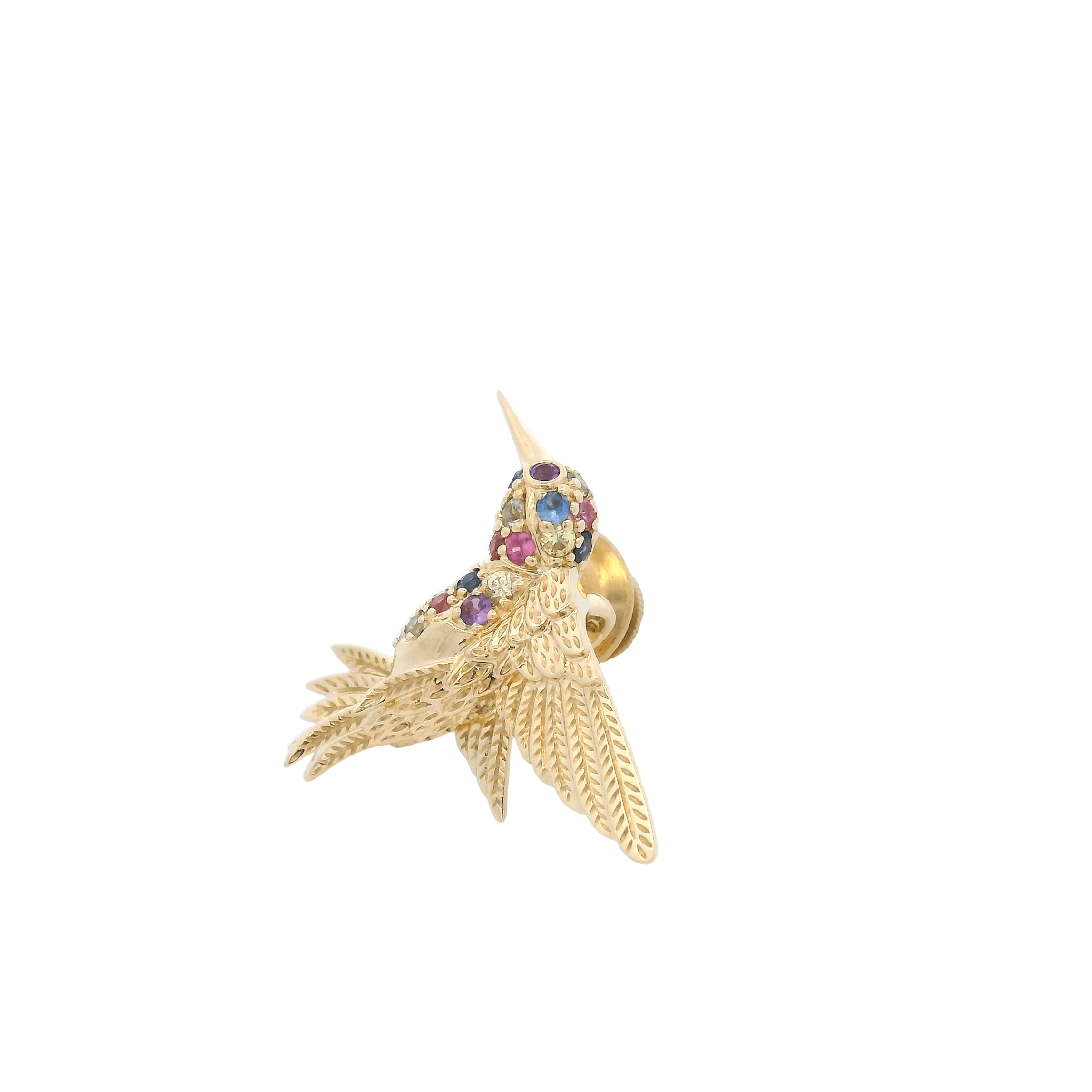Small 18K Yellow Gold Hummingbird Pin/Pendant with 19 Montana Sapphires=.38cttw Amethyst 0.02ct - Jackson Hole Jewelry Company