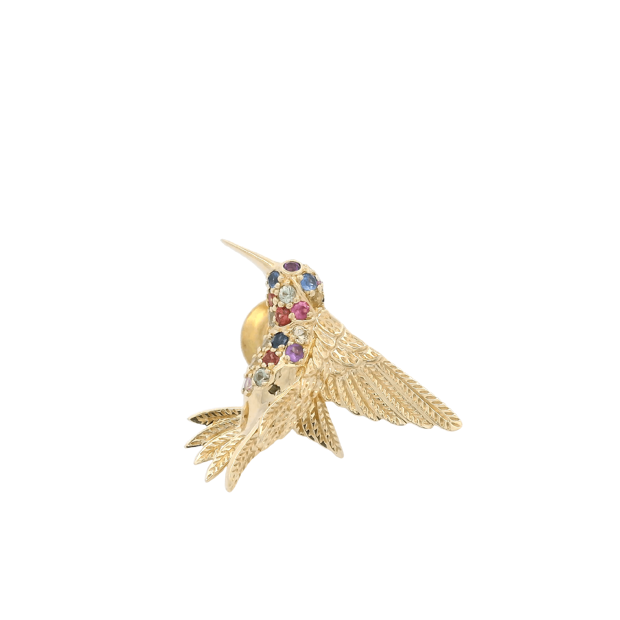 Small 18K Yellow Gold Hummingbird Pin/Pendant with 19 Montana Sapphires=.38cttw Amethyst 0.02ct - Jackson Hole Jewelry Company