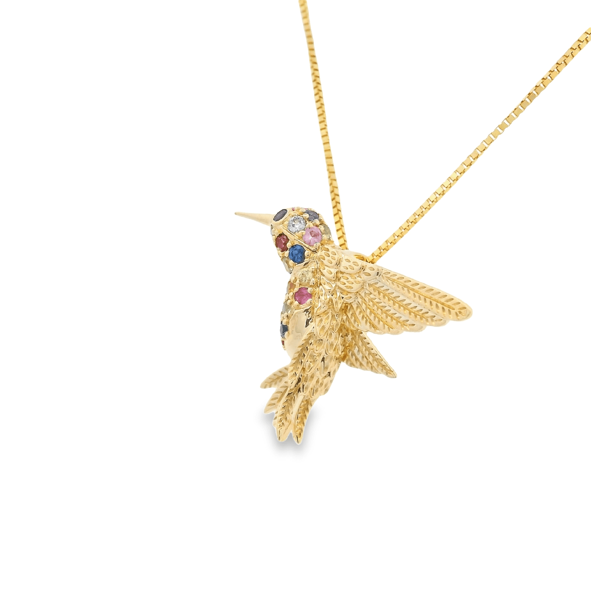 Small 18K Yellow Gold Hummingbird Pin/Pendant with 19 Montana Sapphires=.38cttw Amethyst 0.02ct - Jackson Hole Jewelry Company