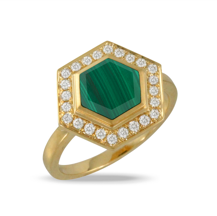 Hexagonal Malachite Signet Ring with Diamond Halo