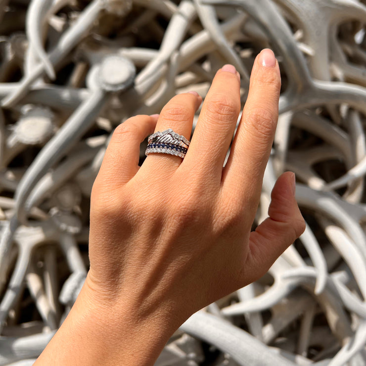 LUXE EDITION: 18 Karat White Duo Stack Teton Stacking Rings™ with French Cut Eternity Sapphire Snake River Band & Diamond Winter Band - Jackson Hole Jewelry Company