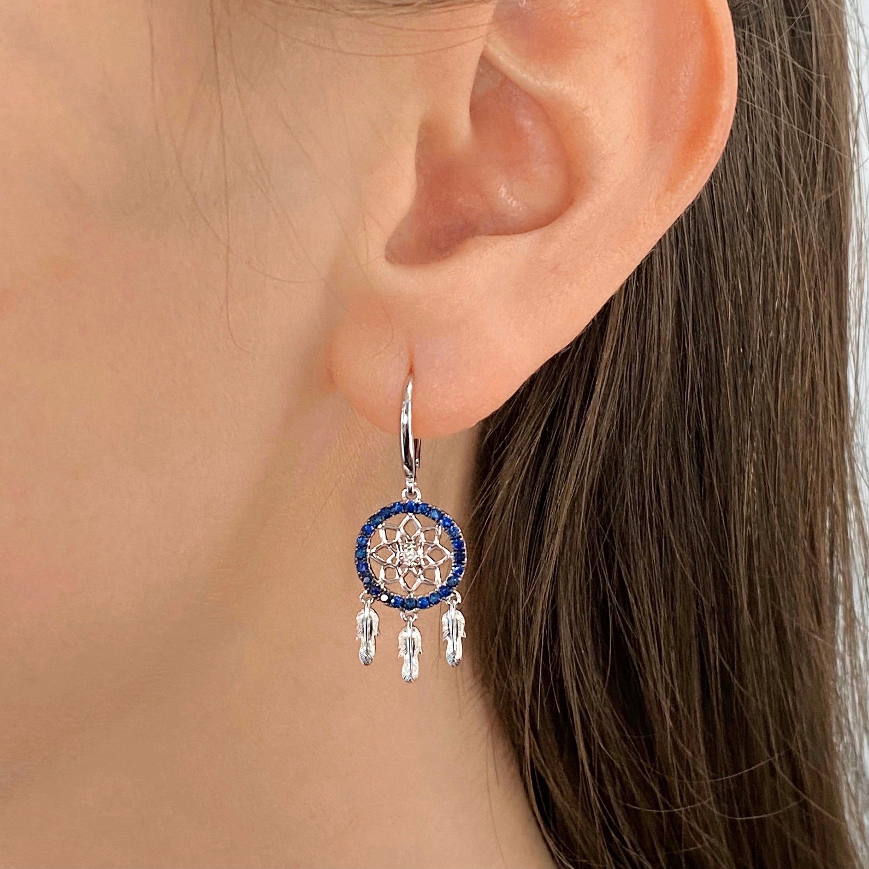 18K Gold with Diamond and Blue Sapphire Dreamcatcher Earrings - Jackson Hole Jewelry Company