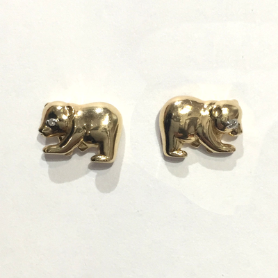 Tiny Teton Bear Stud Earrings 14 Karat Yellow Gold with Diamonds - Jackson Hole Jewelry Company