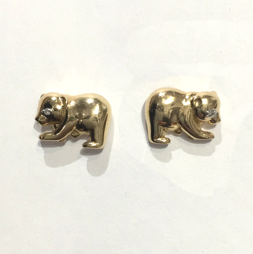 Tiny Teton Bear Stud Earrings 14 Karat Yellow Gold with Diamonds - Jackson Hole Jewelry Company