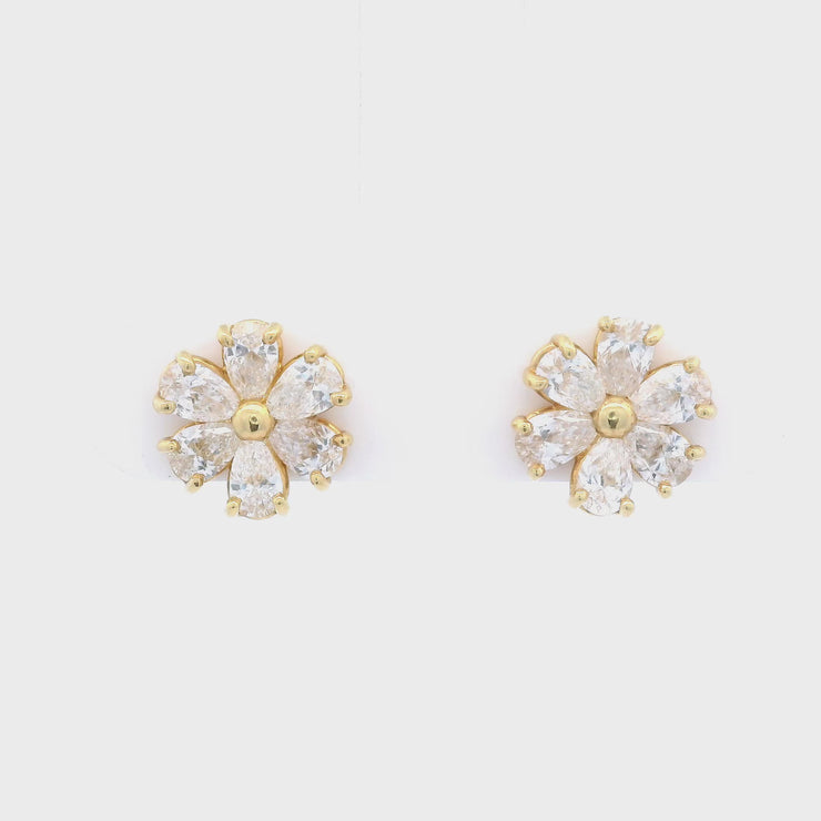 18K Yellow Gold Pear Shape Mini Flower Earrings