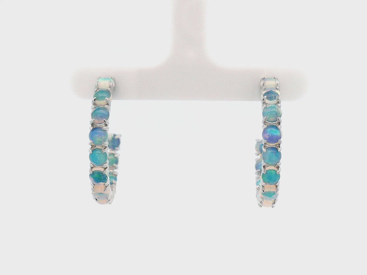 14K White Gold Round Opal Hoops