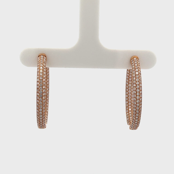 14K ROSE GOLD 3 ROW PAVE DIAMOND HOOPS