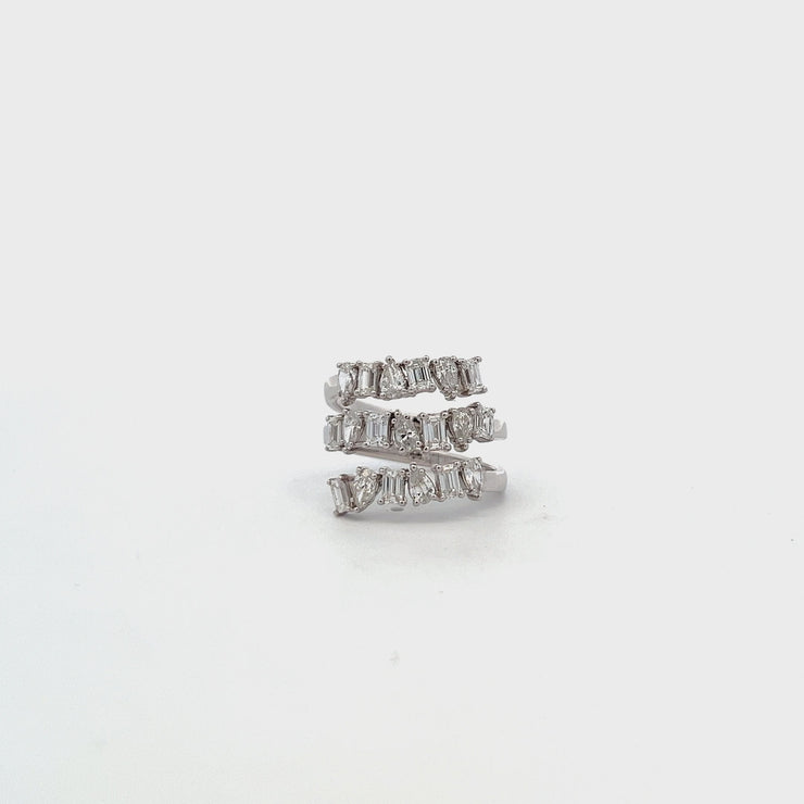 14K WHITE GOLD 3 ROW MIX SHAPE DIAMOND RING