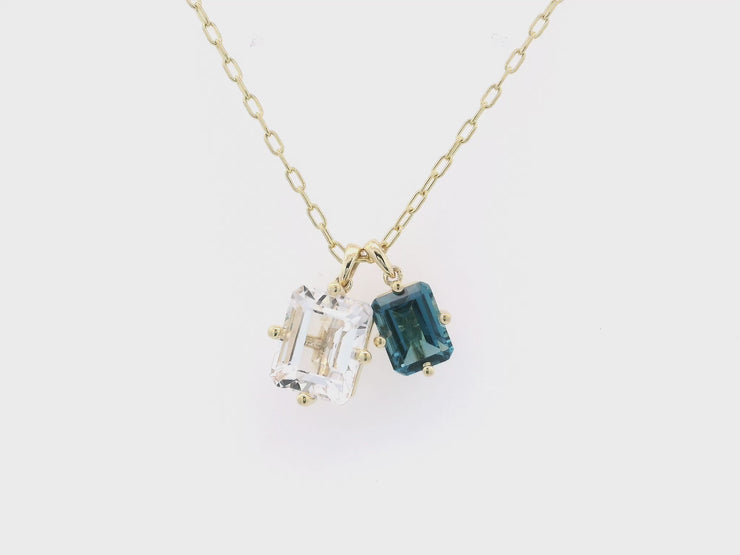 Emerald Cut White Topaz and London Blue Topaz Charms on Chain