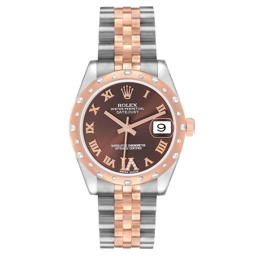 Rolex Datejust Lady 28mm Chocolate Roman Dial with Diamond Bezel in Steel and Rose Gold - Jackson Hole Jewelry Company