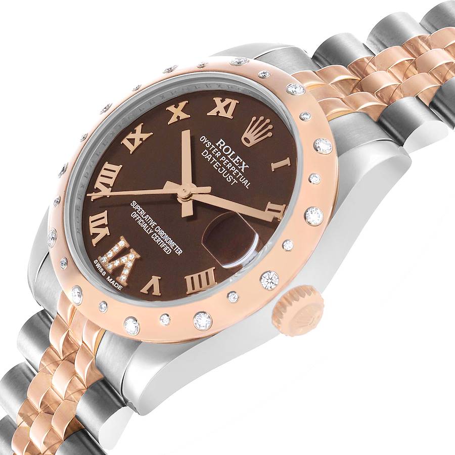 Rolex Datejust Lady 28mm Chocolate Roman Dial with Diamond Bezel in Steel and Rose Gold - Jackson Hole Jewelry Company