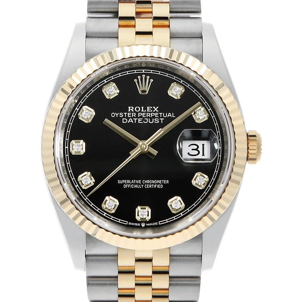 Rolex Datejust 36mm Black Diamond Dial Fluted Bezel in Steel and Yellow Gold - Jackson Hole Jewelry Company