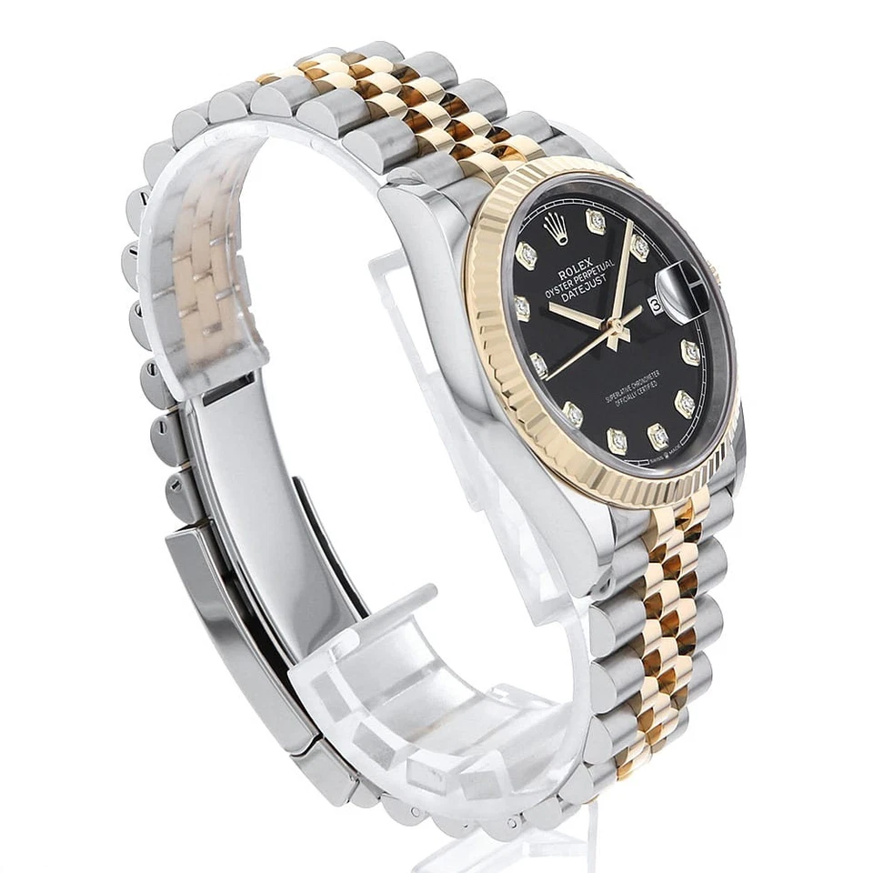 Rolex Datejust 36mm Black Diamond Dial Fluted Bezel in Steel and Yellow Gold - Jackson Hole Jewelry Company
