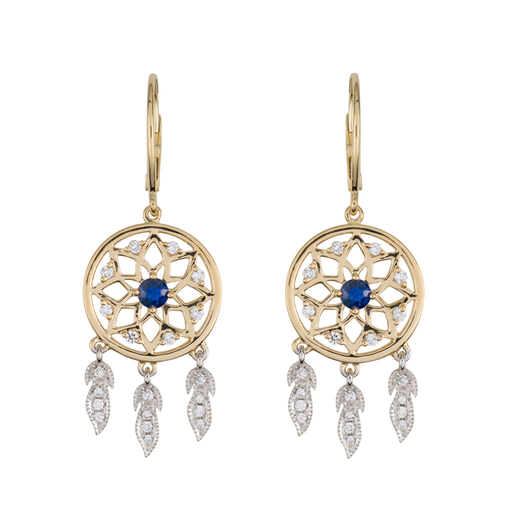 18K Gold with Diamond and Blue Sapphire Dreamcatcher Earrings - Jackson Hole Jewelry Company