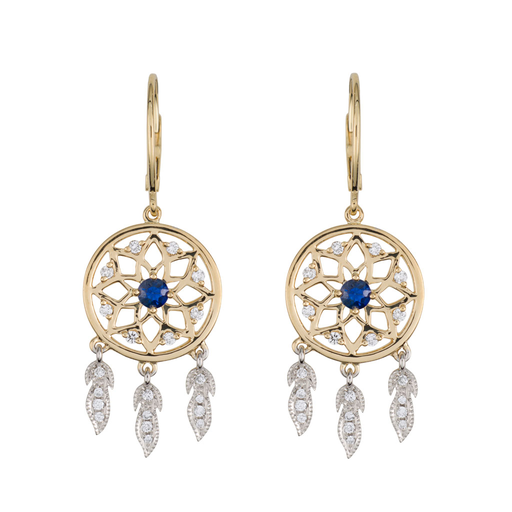 18 Karat White and Yellow Gold with Diamond and Blue Sapphire Dreamcatcher Earrings