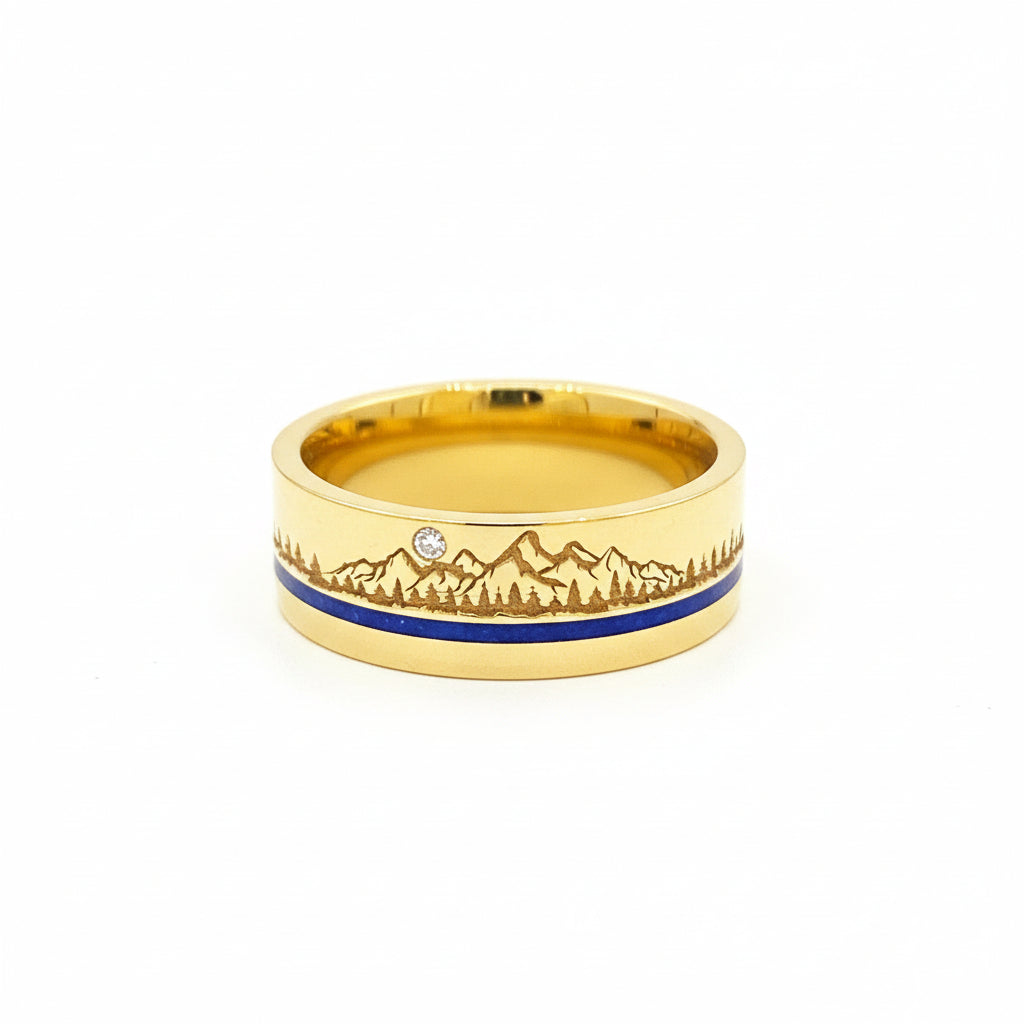 Lapis Inlay Teton Mountain and Tree Line Engraving With a 1.5mm Diamond Set in 14K Gold - Jackson Hole Jewelry Company