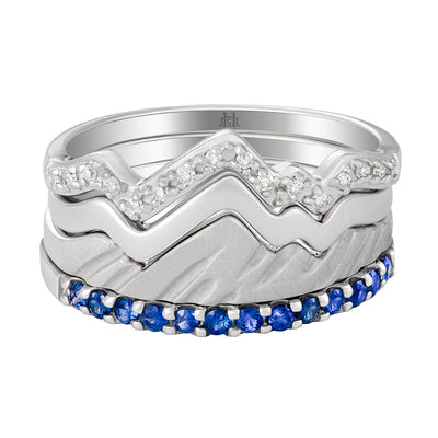 Limited Edition 18 Karat White Three Stack Teton Mountain Rings with Sapphire Snake River Band - Jackson Hole Jewelry Company