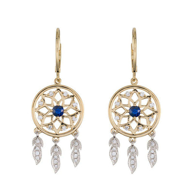 18 Karat White and Yellow Gold with Diamond and Blue Sapphire Dreamcatcher Earrings - Jackson Hole Jewelry Company