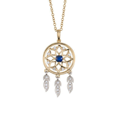 18 Karat White and Yellow Gold with Diamond and Blue Sapphire Dreamcatcher Pendant - Jackson Hole Jewelry Company