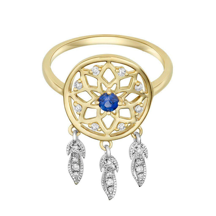 18 Karat White and Yellow Gold with Diamond and Blue Sapphire Dreamcatcher Ring - Jackson Hole Jewelry Company