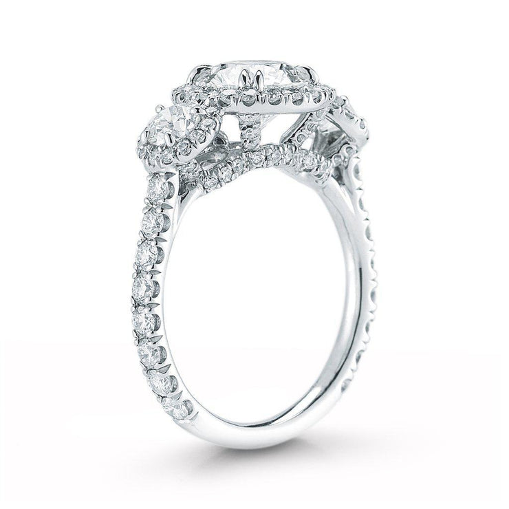 3 Stone Round Pave Halo Diamond Ring - Jackson Hole Jewelry Company