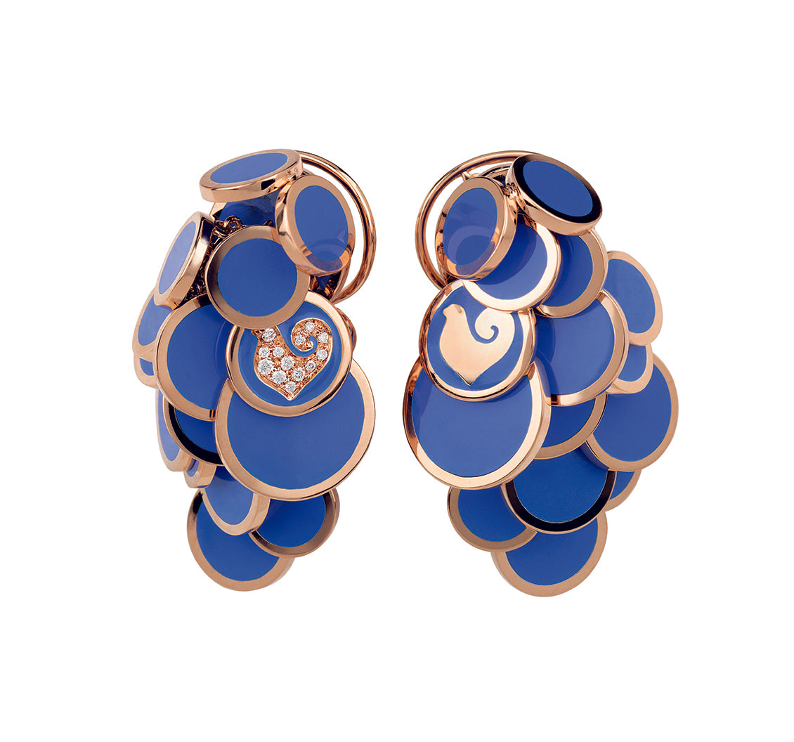 Chanteclar Pailettes 18K Pink Gold, Diamonds & Capri Blue Enamel Earrings - Jackson Hole Jewelry Company