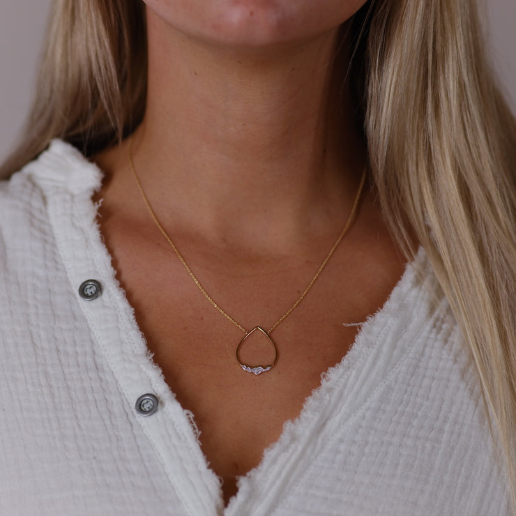 14 Karat Gold Tear Drop Necklace with Diamond Inverted Tetons - Jackson Hole Jewelry Company