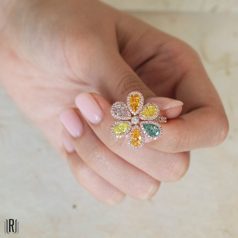 Natural Multicolored Diamond Flower Ring - Jackson Hole Jewelry Company