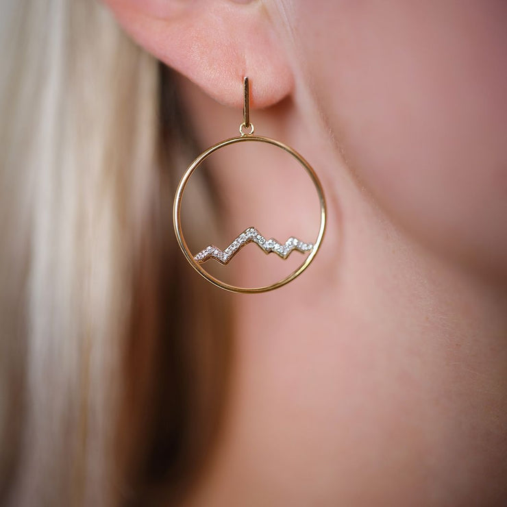 Large 14KY Gold Circle Earrings with Diamond Tetons - Jackson Hole Jewelry Company