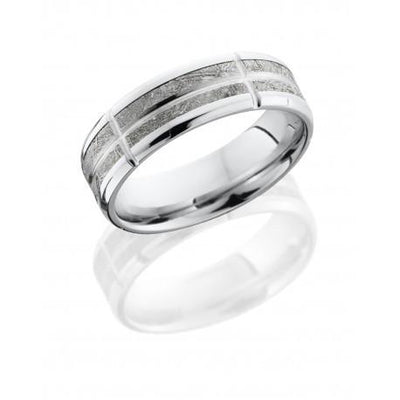Cobalt Chrome 7mm Flat Band with Beveled Edges and 4mm Meteorite in 5 segments and 1mm Groove in Center - Jackson Hole Jewelry Company