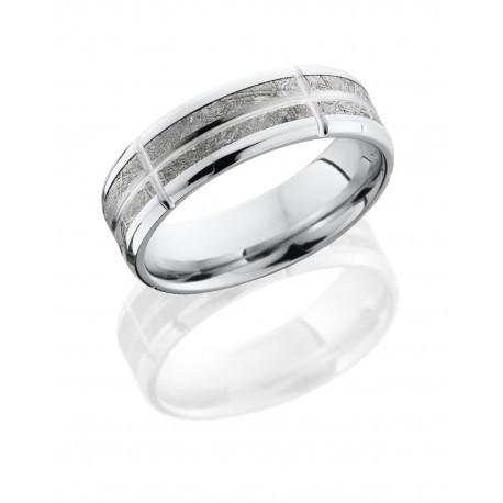 Cobalt Chrome 7mm Flat Band with Beveled Edges and 4mm Meteorite in 5 segments and 1mm Groove in Center - Jackson Hole Jewelry Company