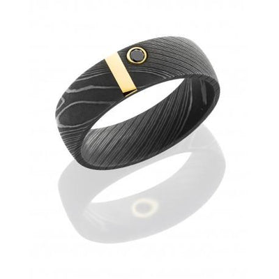 Damascus Steel Band with 14K Yellow Gold Vertical inlay and .07ct Black Diamond - Jackson Hole Jewelry Company