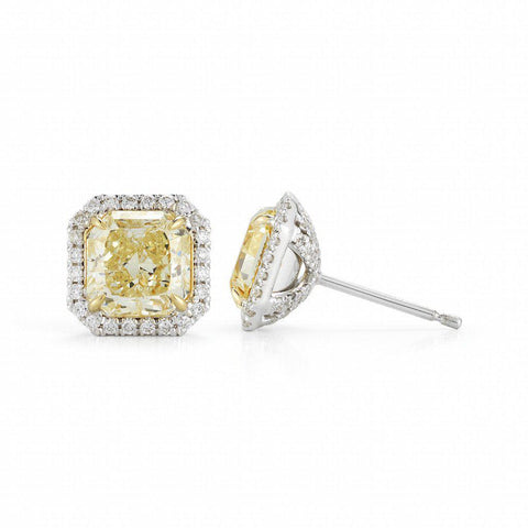 Fancy Yellow Radiant Cut Halo Diamond Stud Earrings - Jackson Hole Jewelry Company