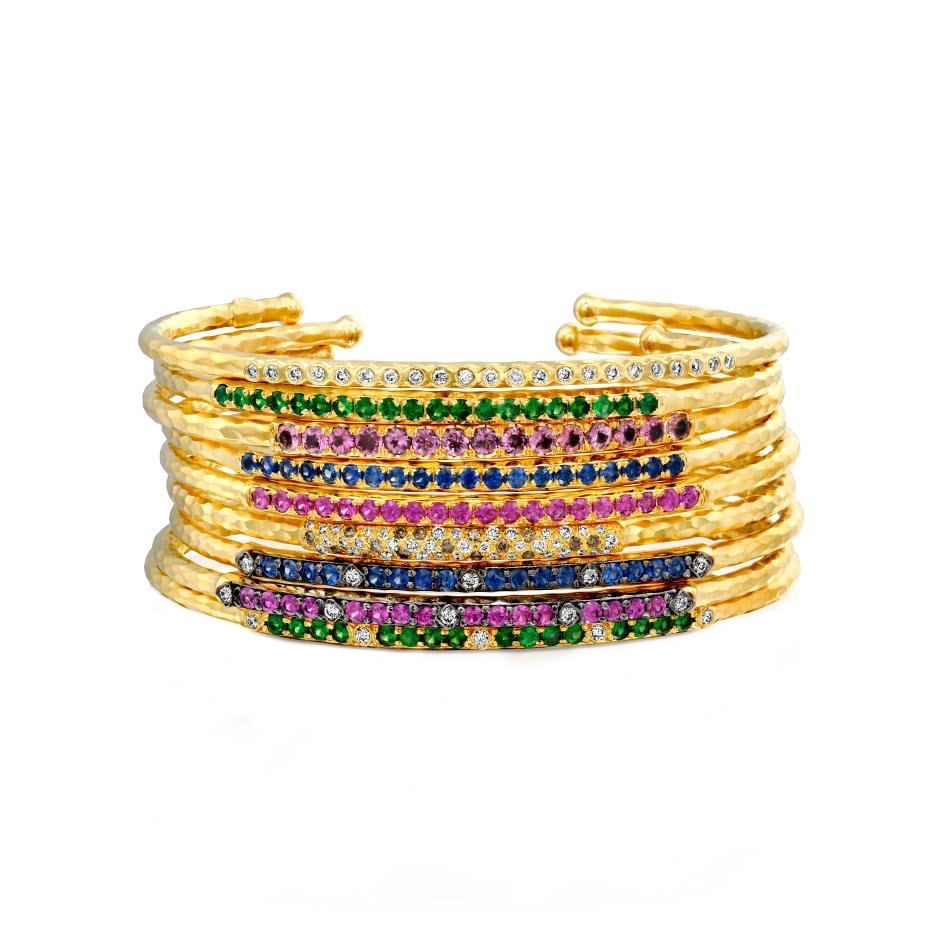 14k Marika Desert Gold Stackable Cuff with Pavé Diamonds and Green Tsavorite - Jackson Hole Jewelry Company