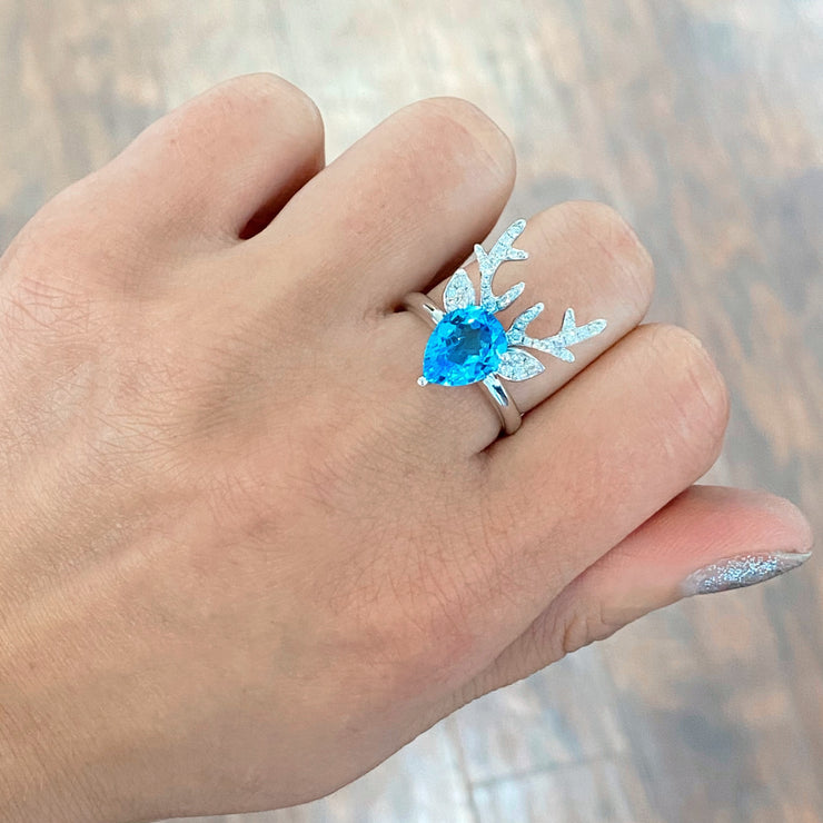18 Karat White Gold Blue Topaz and Diamond Deer Antler Ring - Jackson Hole Jewelry Company