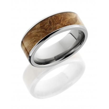 Titanium 8mm Flat Band with Beveled Edges and 6mm Maple Burl Wood inlay - Jackson Hole Jewelry Company